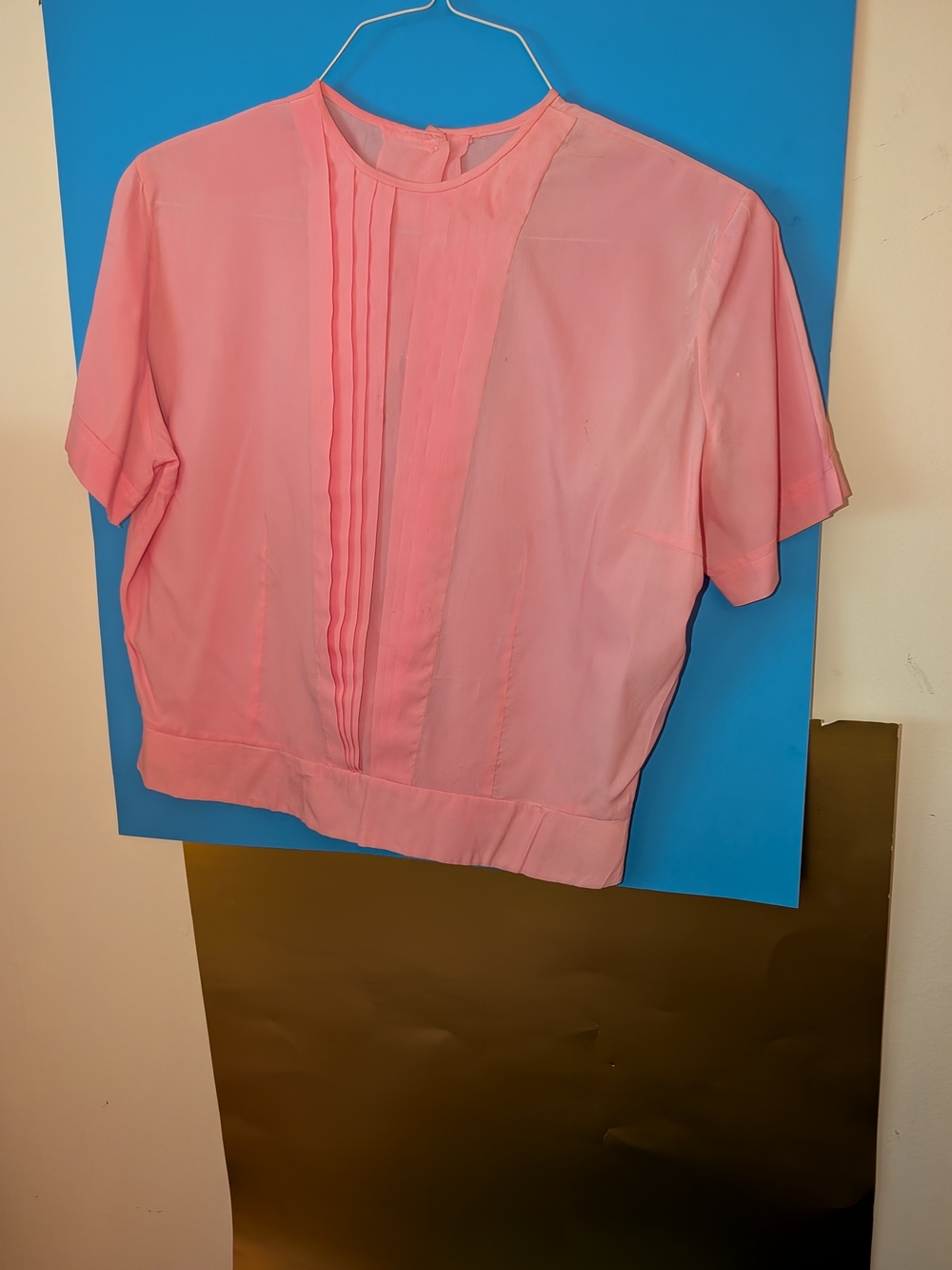 Pleated Short-Sleeve Pink Blouse with Round Neck